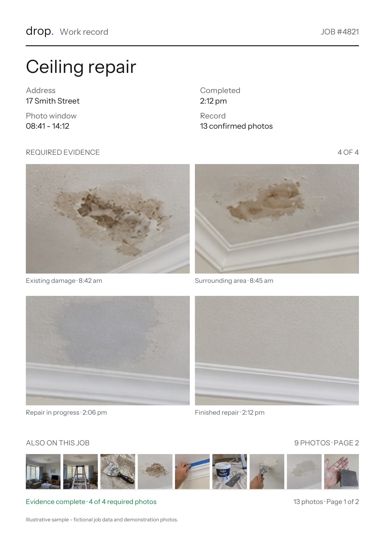 Page 1 of the Drop Work record for the ceiling repair at 17 Smith Street, with four required photos